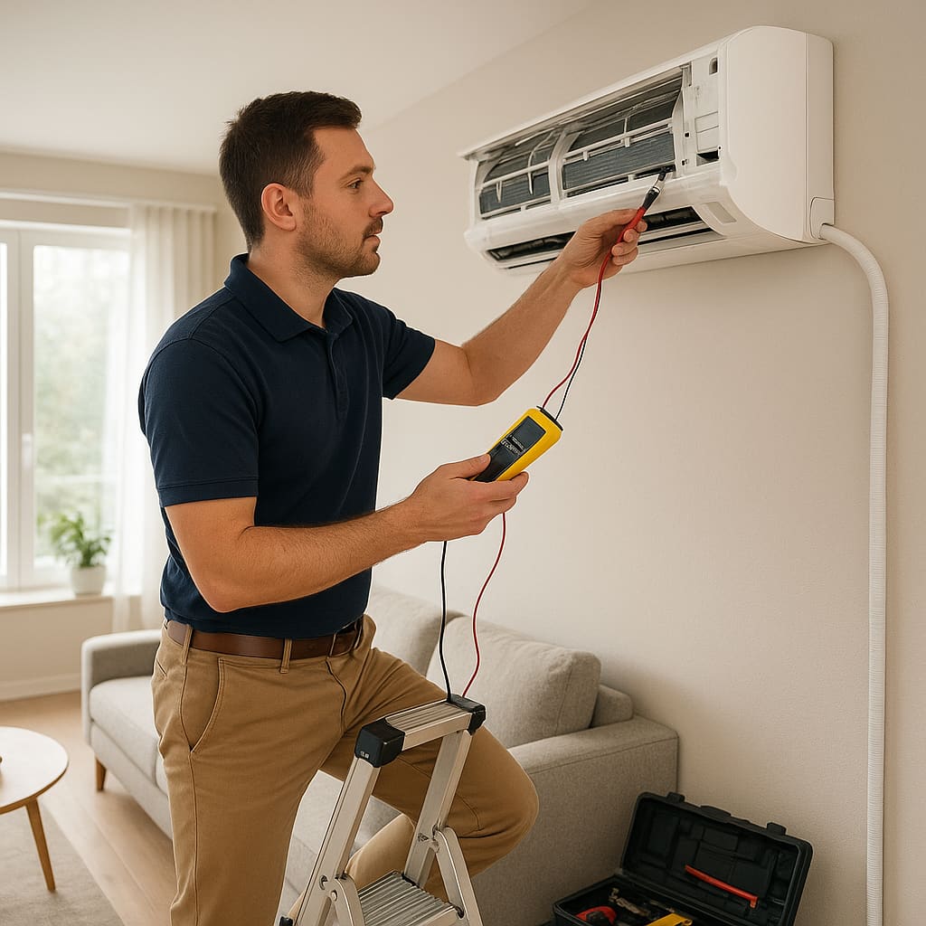 Installateur überprüft Split-Klimaanlage in modernem Apartment